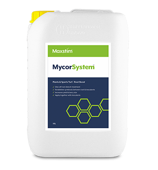 Bottle of Maxstim MycorSystem biostimulant developed for turf and blueberry growers